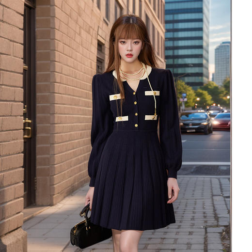 奢姿2024年秋冬新款大码女装复古法式裙子胖妹妹小香风百褶连衣裙9844890305 商品图1