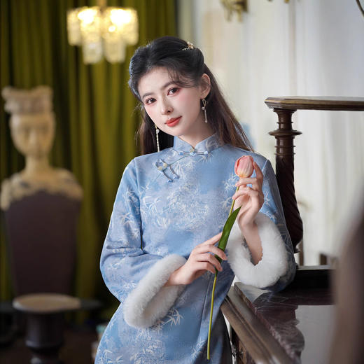 新款蓝色淑女改良大袖奥黛旗袍TM7940 商品图2