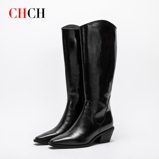 CHCH平衡鞋长靴2024秋冬新品牛油皮拉链粗跟时尚女靴长筒靴CN2B8021 商品图2