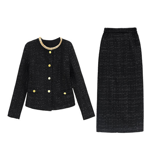 新款冬装休闲百搭小香粗花呢设计气质加棉保暖两件套套裙HR-HMQY2878 商品图4