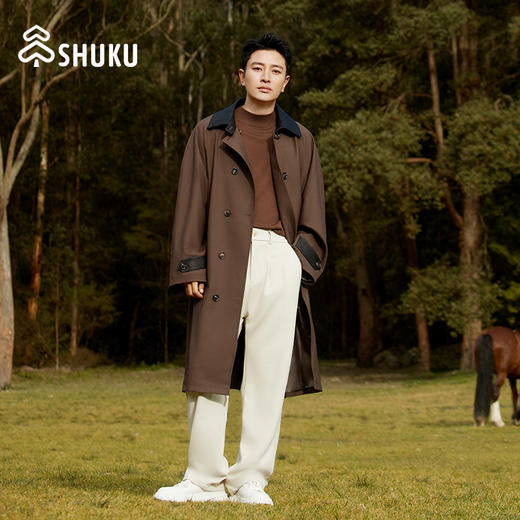 舒库羊毛风衣女秋季摩登复古拼接中长款外套oversize高级感 商品图0