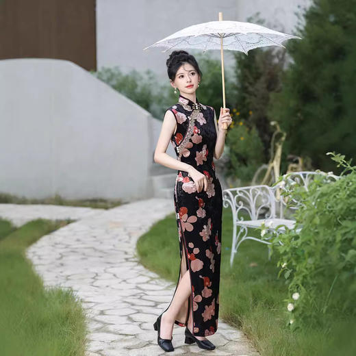 时尚长款丝绒无袖，单层花边旗袍TM7925 商品图0