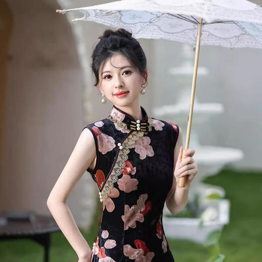 时尚长款丝绒无袖，单层花边旗袍TM7925 商品图1