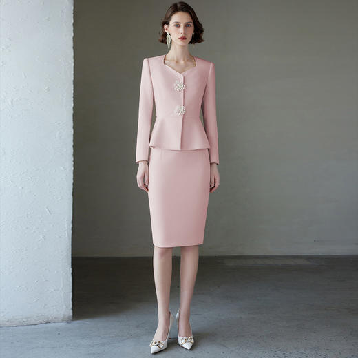 IWY/秋冬粉色女总裁西装套裙女长袖珠宝接待工作服主持人演讲录课套装C2084+S2083 商品图0