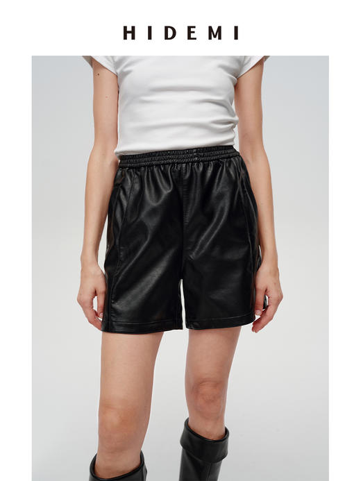 HIDEMI 超显瘦中腰款可再生蛋白皮环保皮松紧带宽松短裤 商品图0