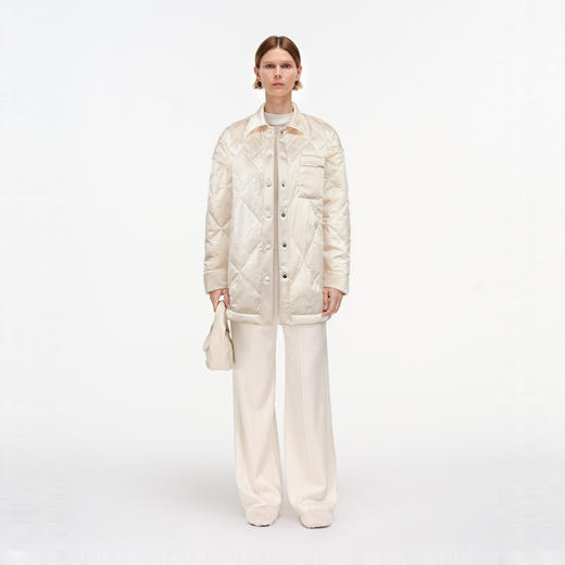 舒库羽绒服女冬季醋酸衬衫领鹅绒服纯色菱格绗缝外套不规则 商品图3