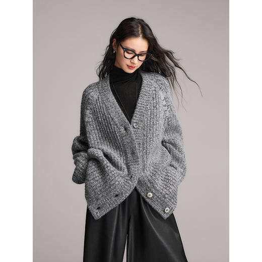 棉仓357605017-V领纹重磅羊驼毛开衫 商品图1