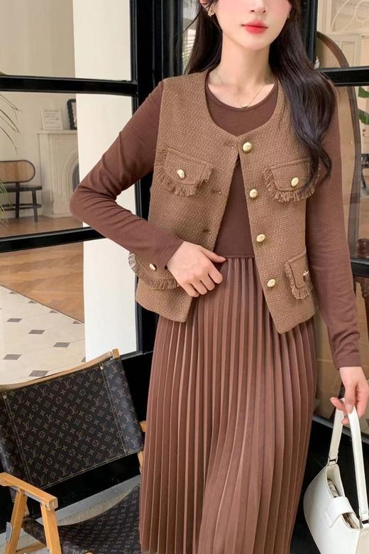 Le Malene 棕色圆领百褶裙小香风套装 19367 商品图2