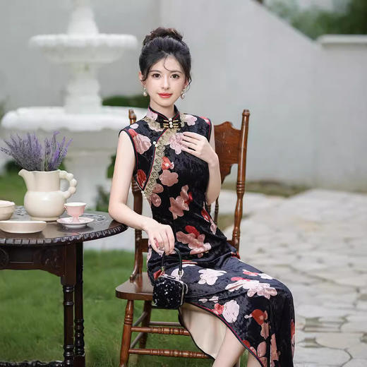 时尚长款丝绒无袖，单层花边旗袍TM7925 商品图2