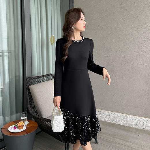 奢姿2024年秋季新款大码女装设计感针织裙子胖妹妹拼接亮片连衣裙9943855694 商品图4