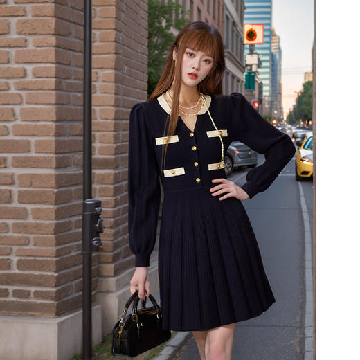 奢姿2024年秋冬新款大码女装复古法式裙子胖妹妹小香风百褶连衣裙9844890305 商品图2
