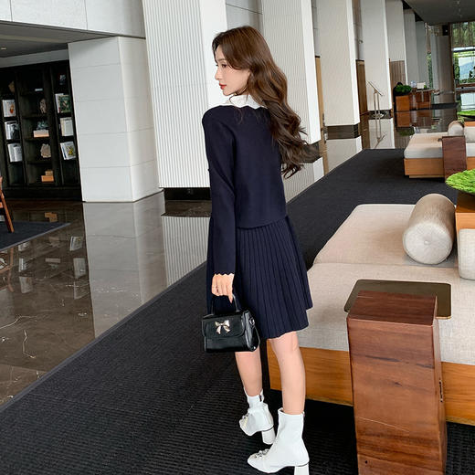 奢姿2025年秋冬新款时尚套装学院风撞色翻领针织衫短裙两件套女9843969042 商品图3