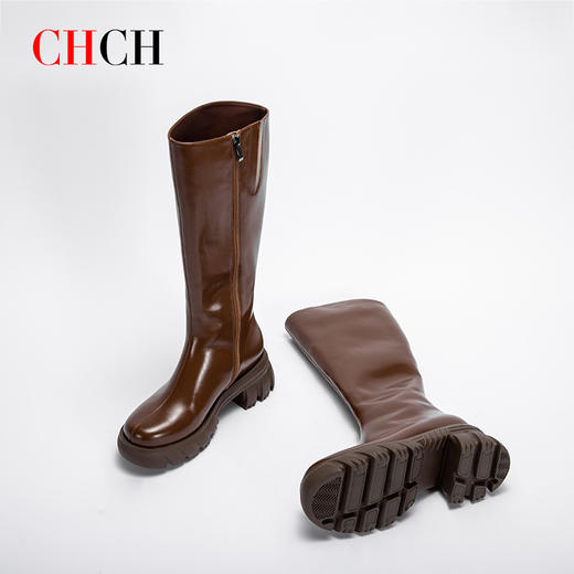 CHCH平衡鞋长靴秋冬新品牛油皮拉链粗跟时尚女靴长筒靴CN2B8031 商品图2