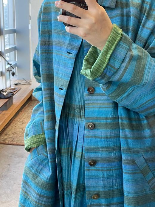 MAKU textiles｜羊毛棉湖蓝条纹长外套大衣 商品图1