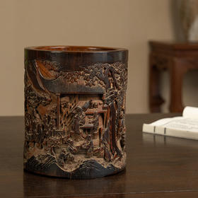 清 竹雕文人雅集笔筒