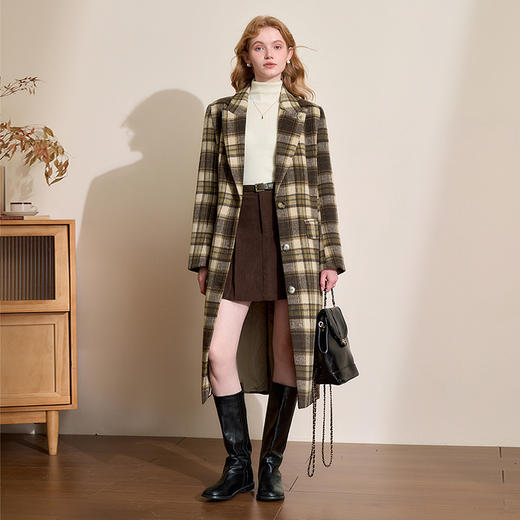 复古英伦风格纹翻领中长款大衣女秋冬保暖呢料外套V4242923 商品图1