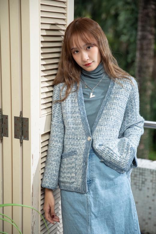 L.Fleuri 粗花呢腰带收腰V领针织开衫 14705 商品图0