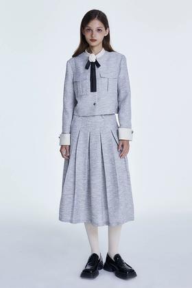 Le Malene 蓝灰色拼接式小香风外套半裙套装 19348