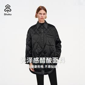 舒库羽绒服女冬季醋酸衬衫领鹅绒服纯色菱格绗缝外套不规则