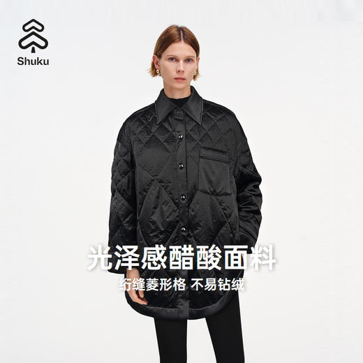 舒库羽绒服女冬季醋酸衬衫领鹅绒服纯色菱格绗缝外套不规则 商品图0