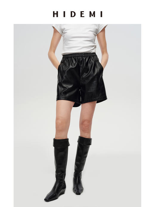 HIDEMI 超显瘦中腰款可再生蛋白皮环保皮松紧带宽松短裤 商品图2
