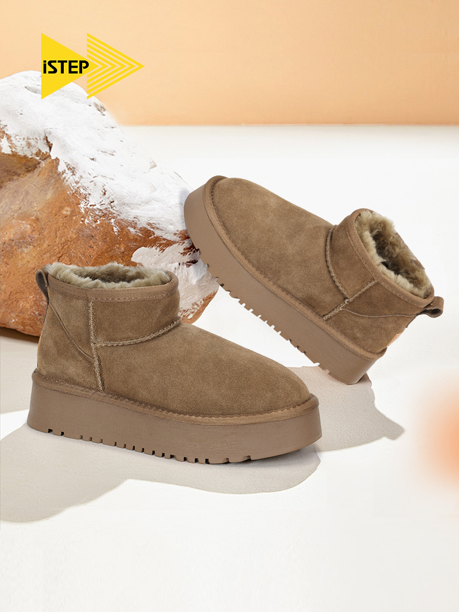 istep冬季保暖舒适厚底棉鞋加绒加厚短筒女士羊毛雪地靴
