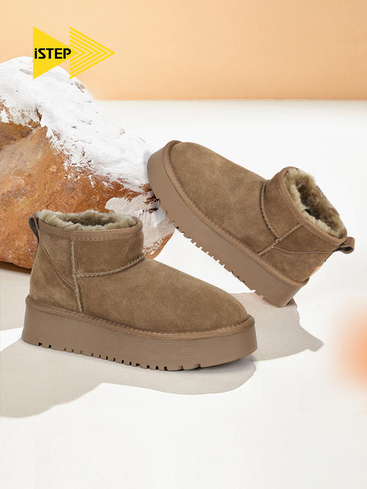 istep冬季保暖舒适厚底棉鞋加绒加厚短筒女士羊毛雪地靴 商品图0