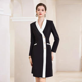IWY/黑白撞色西装连衣裙女ol通勤白领职业装v领小香风气质正装长袖Q1010