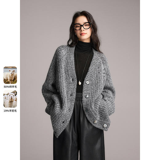 棉仓357605017-V领纹重磅羊驼毛开衫 商品图0