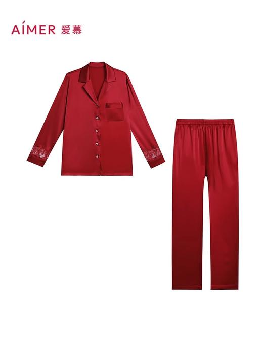 爱慕婚礼之夜红色睡衣女含真丝翻领长袖分身家居套装 商品图1