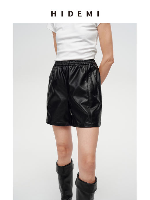 HIDEMI 超显瘦中腰款可再生蛋白皮环保皮松紧带宽松短裤 商品图1