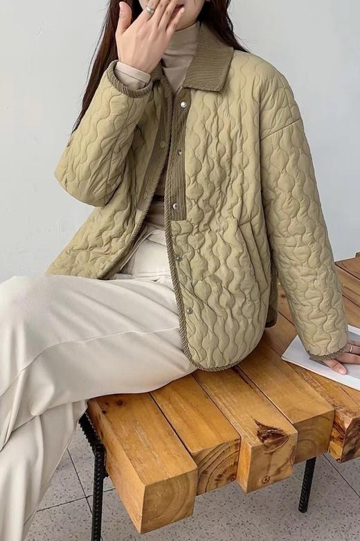 LNNNS 橄榄绿几何格纹拼接棉服夹克外套 19347 商品图1