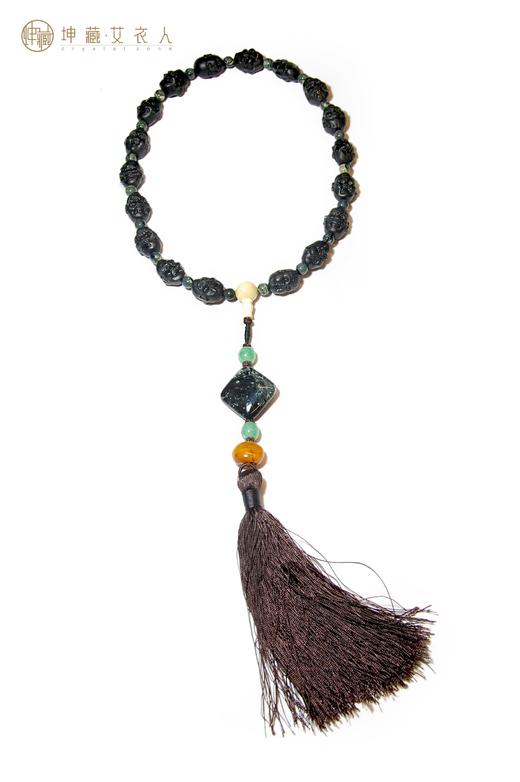 墨玉雕刻18罗汉配黑纹白雪山角符多宝收藏串 商品图0