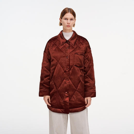 舒库羽绒服女冬季醋酸衬衫领鹅绒服纯色菱格绗缝外套不规则 商品图4