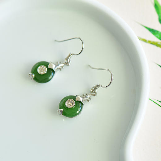 配证书旗袍汉服纯银福字琵琶平安扣和田碧玉耳坠JX12279-6 商品图2