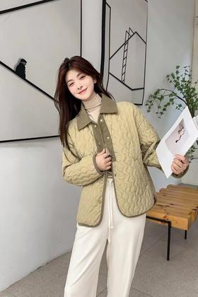 LNNNS 橄榄绿几何格纹拼接棉服夹克外套 19347