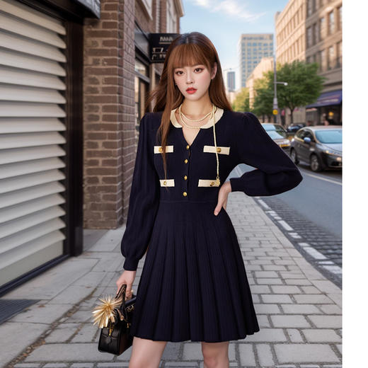奢姿2024年秋冬新款大码女装复古法式裙子胖妹妹小香风百褶连衣裙9844890305 商品图0