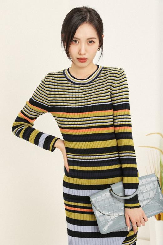 ANSUABEL 圆领复古撞色条纹针织连衣裙 14694 商品图4