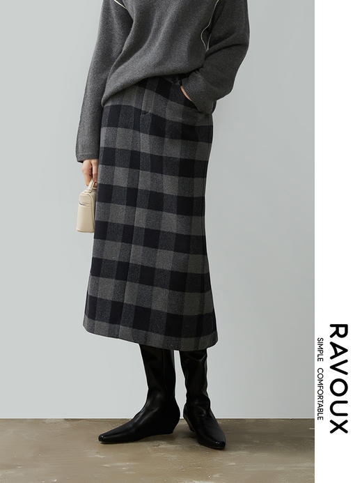 264129907方格纹直筒半裙 商品图0