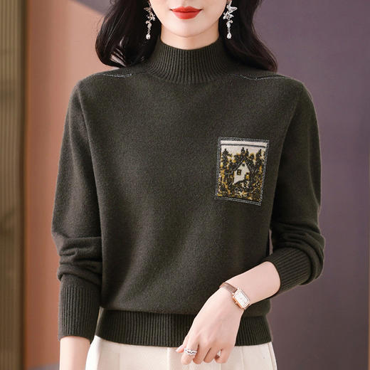 CC-101-35446保暖酒红色复古女毛衣洋气秋冬新款简约宽松半高领针织打底衫 商品图2