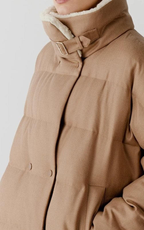 立领拼接毛领人字纹骆驼绒薄呢双排扣羽绒服 N0826 商品图3