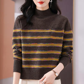 CC-101-35447秋冬新款半高领条纹彩色线针织打底衫女士时尚套头厚毛衣内搭外穿