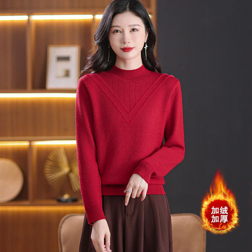 CC-101-8980秋冬新款半高领加绒厚款毛衣针织打底衫休闲通勤时髦上衣 商品图0