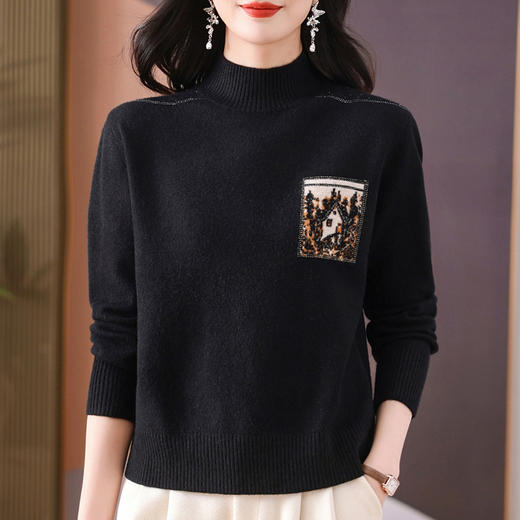 CC-101-35446保暖酒红色复古女毛衣洋气秋冬新款简约宽松半高领针织打底衫 商品图3