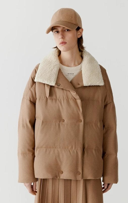 立领拼接毛领人字纹骆驼绒薄呢双排扣羽绒服 N0826 商品图1