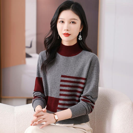 CC-101-35449半高领条纹毛衣女士秋冬新款宽松洋气拼色内搭上衣打底衫女 商品图2