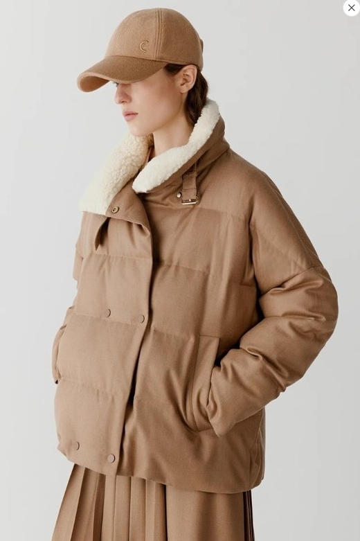 立领拼接毛领人字纹骆驼绒薄呢双排扣羽绒服 N0826 商品图2