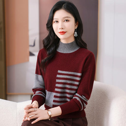 CC-101-35449半高领条纹毛衣女士秋冬新款宽松洋气拼色内搭上衣打底衫女 商品图1