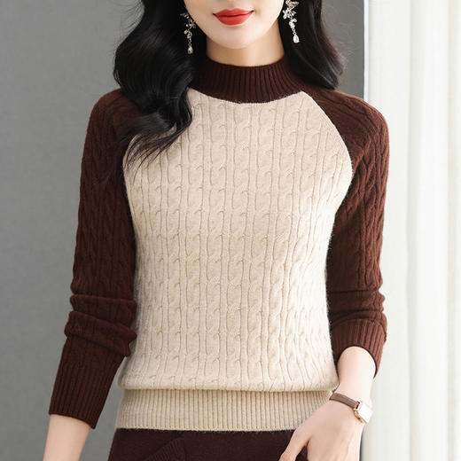 CC-103-97830秋冬季新款拼色半高领麻花针织打底衫女士时尚修身套头厚款毛衣潮 商品图2