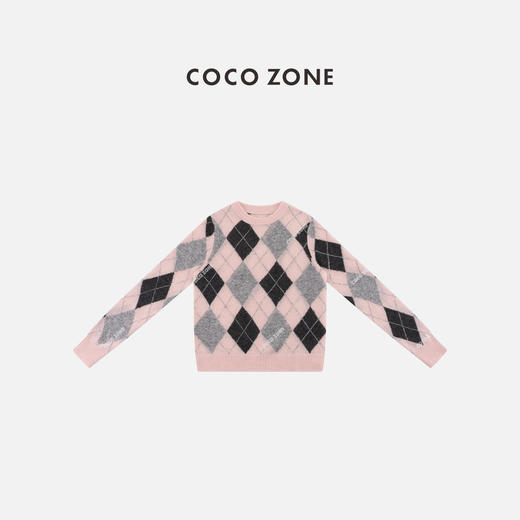 COCO ZONE 秋冬设计感菱格拼色圆领针织衫CC1D2607 商品图0